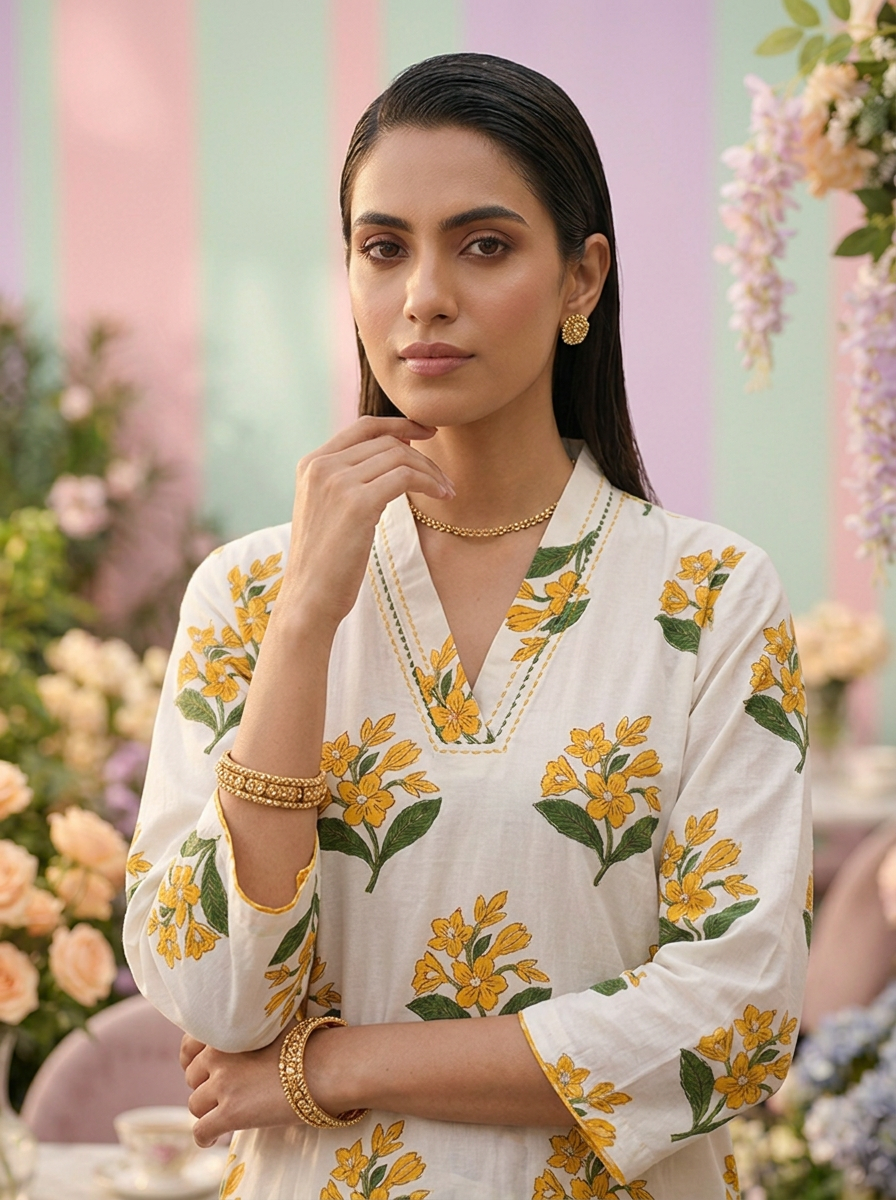 Neerus Yellow cotton printed suit set - detail view 2