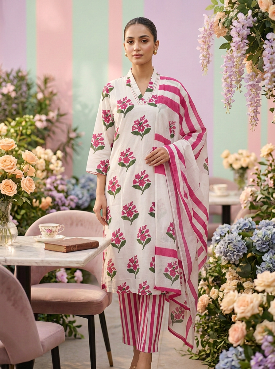 Neerus Pink cotton printed suit set - front view