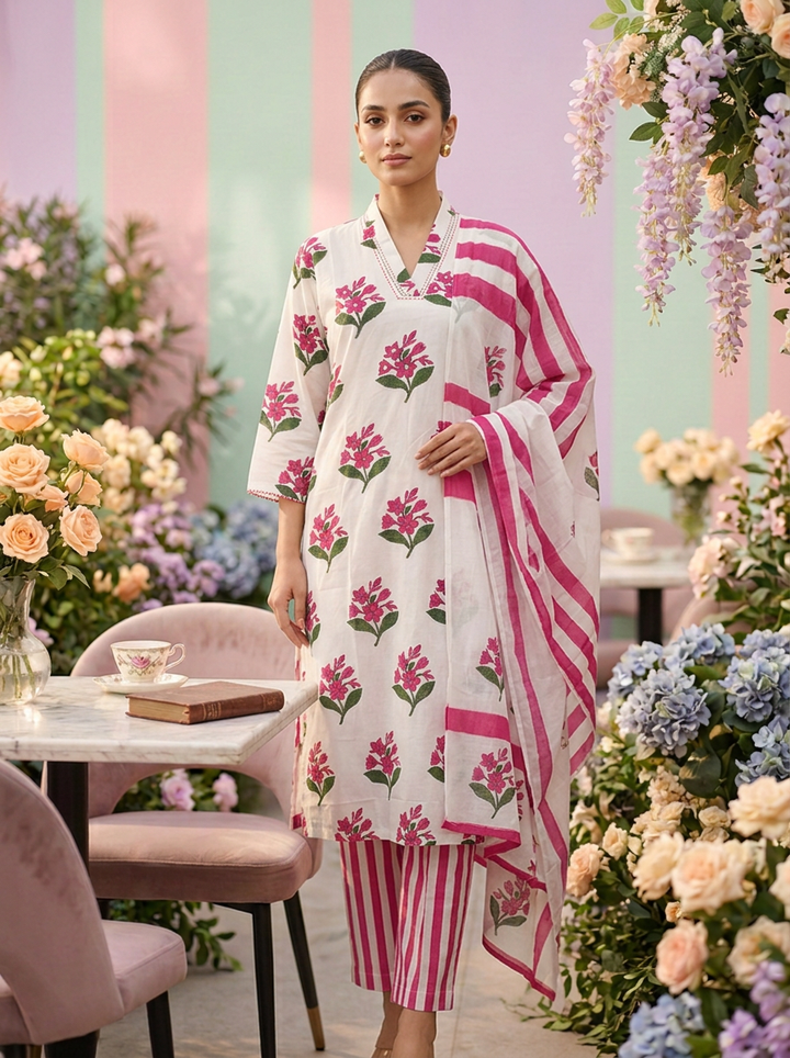 Neerus Pink cotton printed suit set - front view