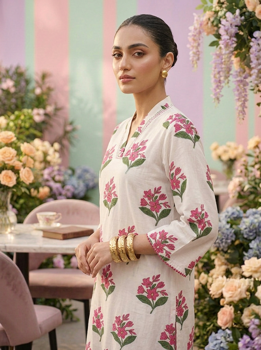 Neerus Pink cotton printed suit set - detail view 2