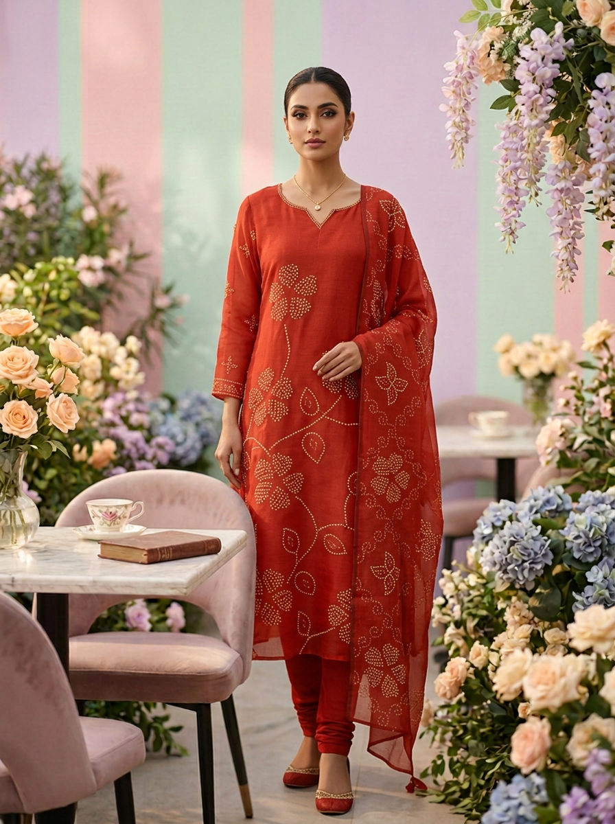 Neerus Orange linen printed suit set - front view