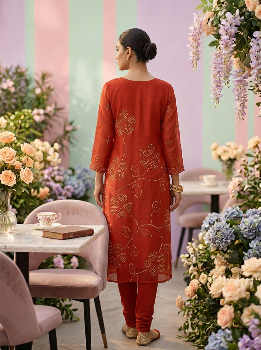 Neerus Orange linen printed suit set - side view