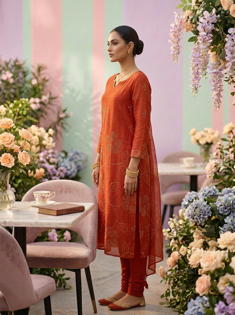 Neerus Orange linen printed suit set - back view