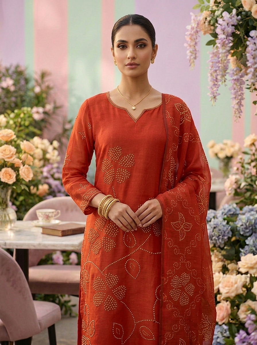 Neerus Orange linen printed suit set - detail view 2