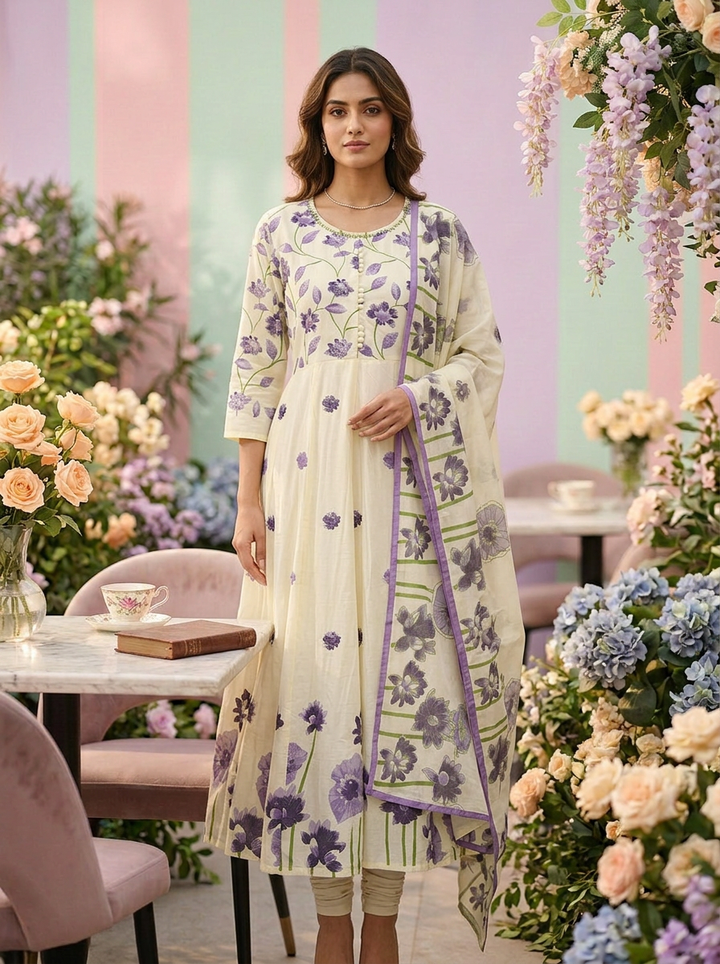 Neerus Purple cotton printed suit set - front view
