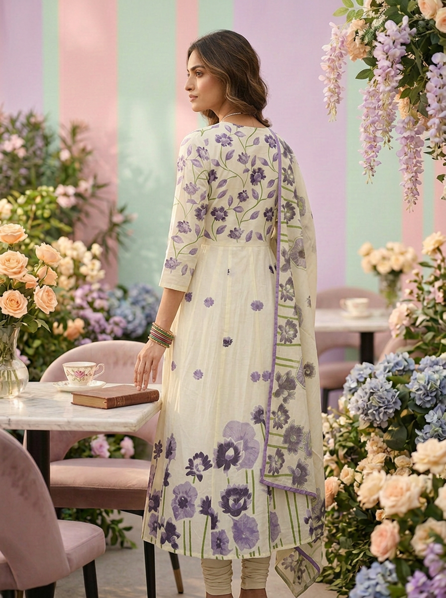 Neerus Purple cotton printed suit set - back view