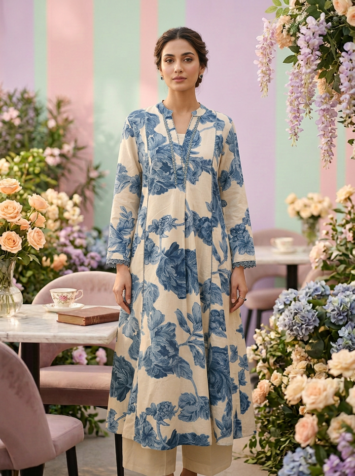 Neerus Blue cotton digital printed kurti - front view