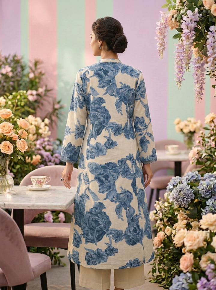 Neerus Blue cotton digital printed kurti - back view