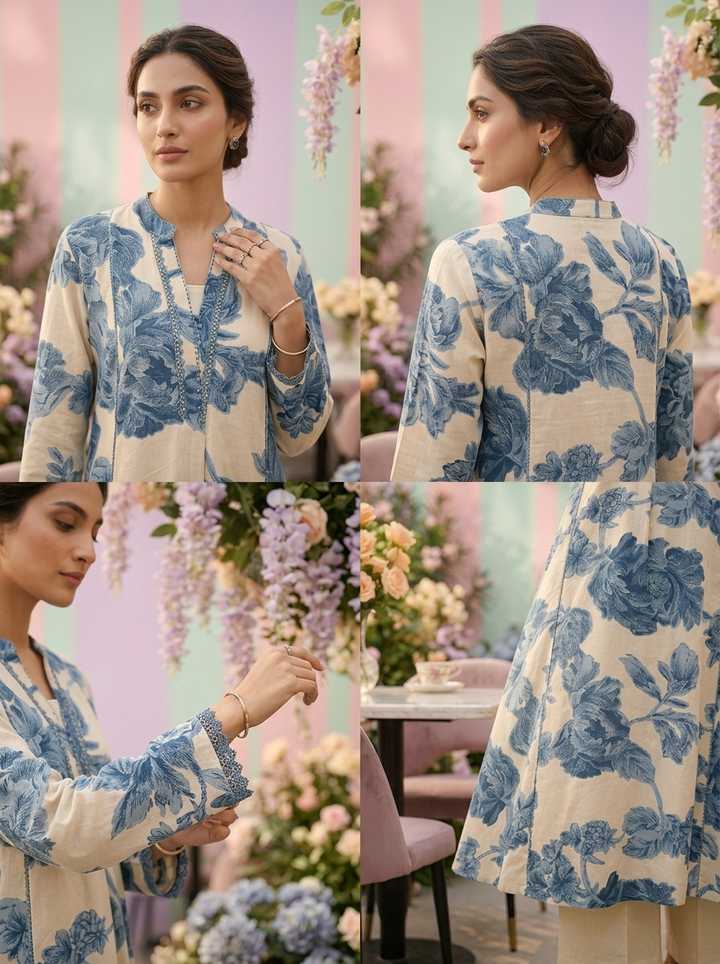 Neerus Blue cotton digital printed kurti - side view