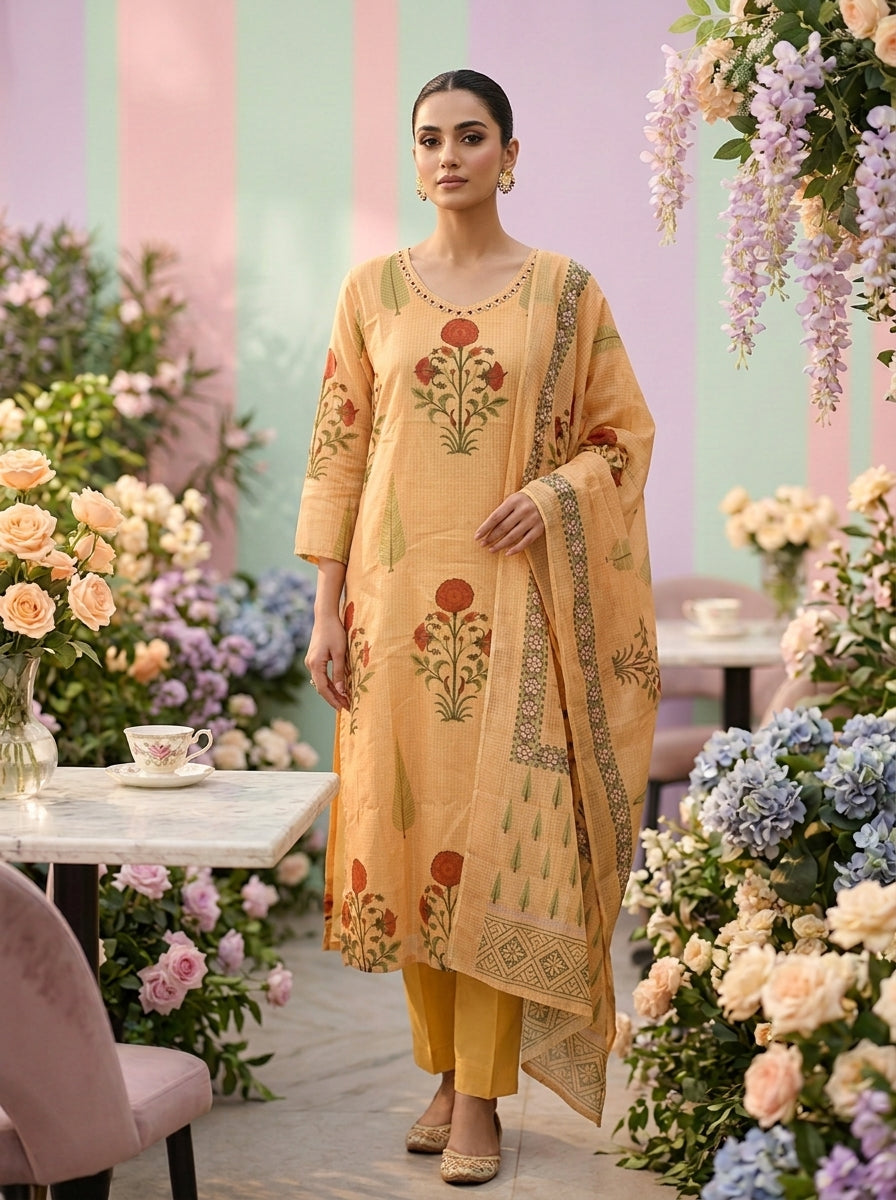Neerus Gold cotton printed suit set - front view
