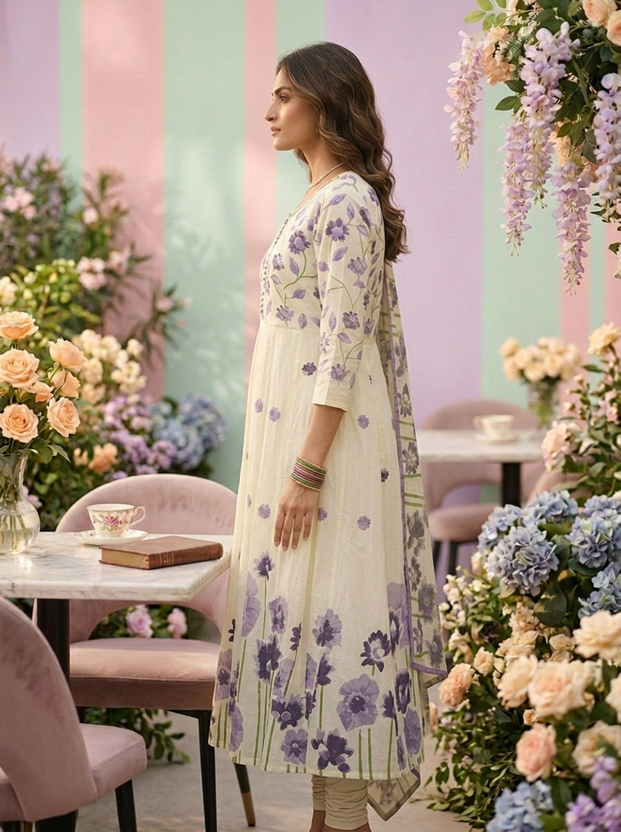 Neerus Purple cotton printed suit set - detail view 1