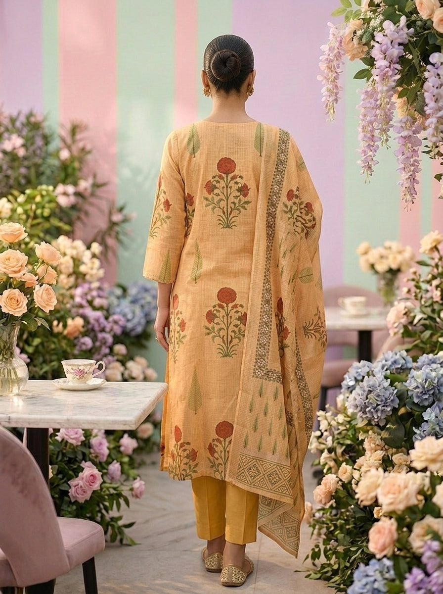 Neerus Gold cotton printed suit set - back view
