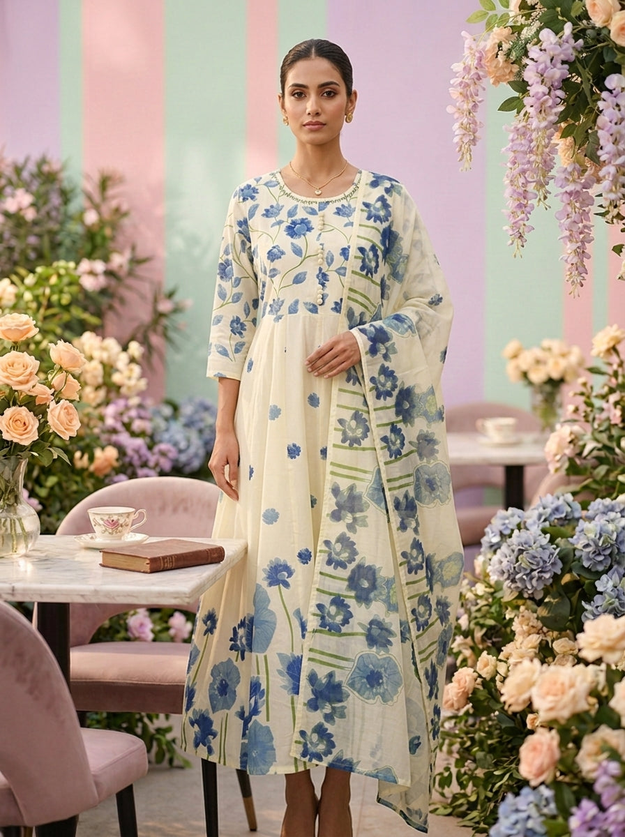 Neerus Blue cotton printed suit set - front view