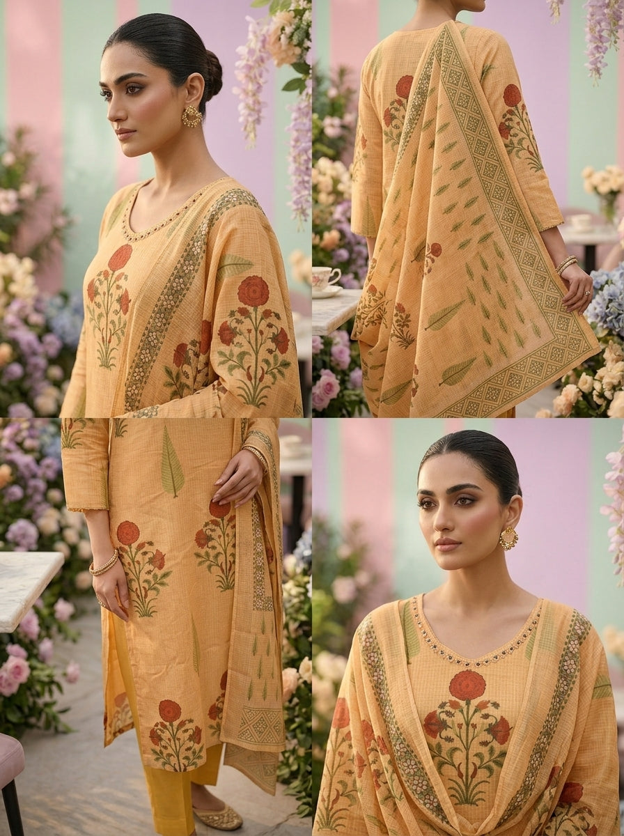 Neerus Gold cotton printed suit set - side view
