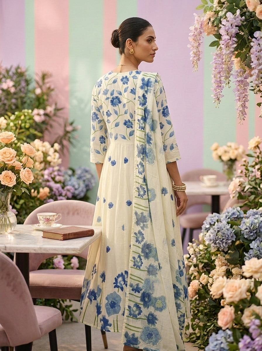 Neerus Blue cotton printed suit set - back view