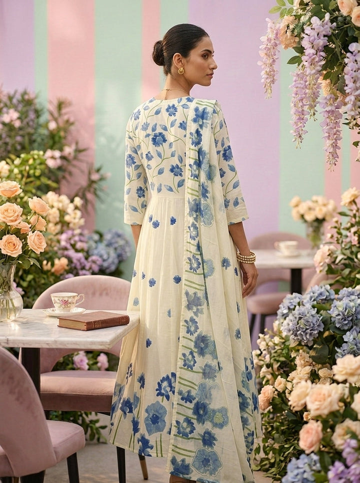 Neerus Blue cotton printed suit set - back view