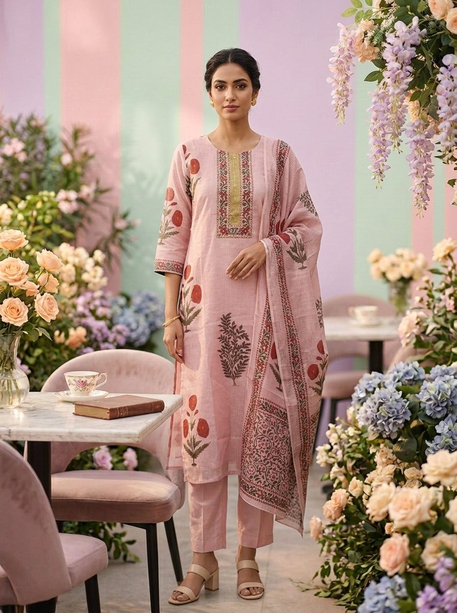 Neerus Pink cotton printed suit set - front view