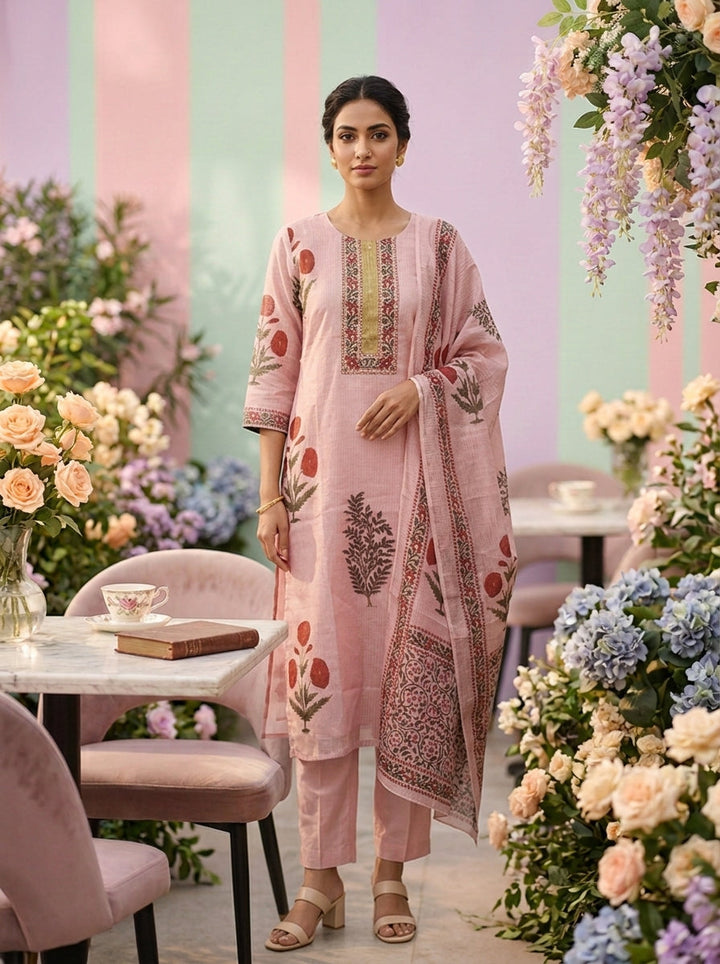 Neerus Pink cotton printed suit set - front view