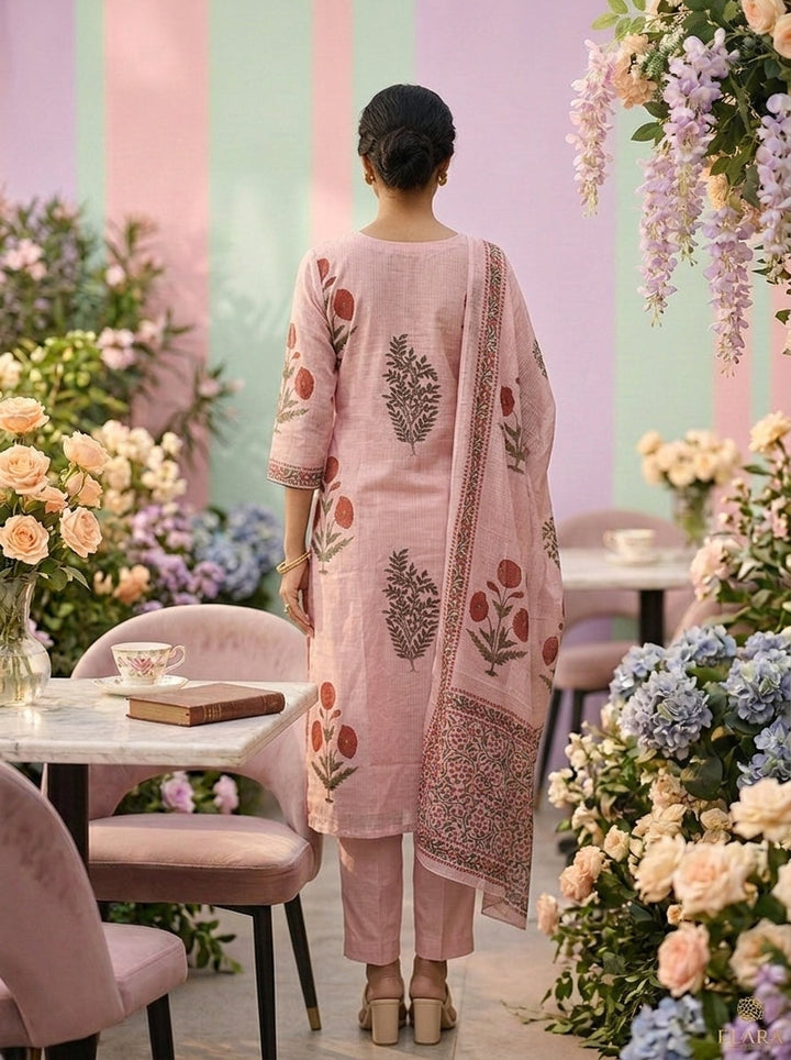 Neerus Pink cotton printed suit set - back view