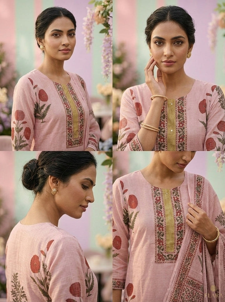 Neerus Pink cotton printed suit set - side view