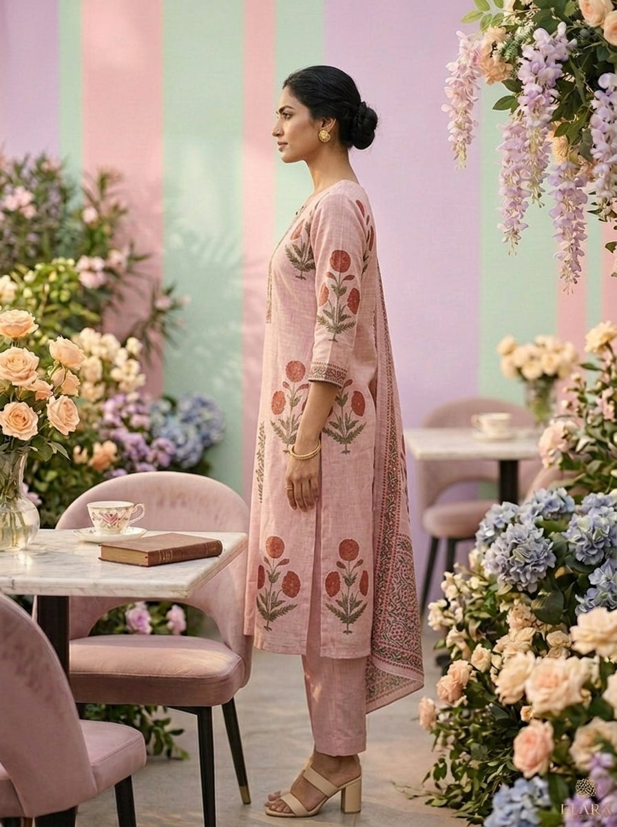 Neerus Pink cotton printed suit set - detail view 2