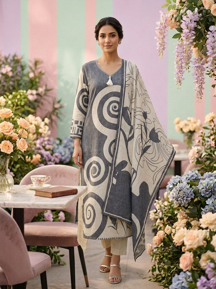 Neerus Grey linen printed suit set - front view