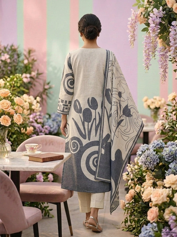 Neerus Grey linen printed suit set - side view