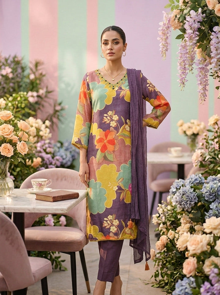 Neerus Green muslin embellished floral suit set - front view