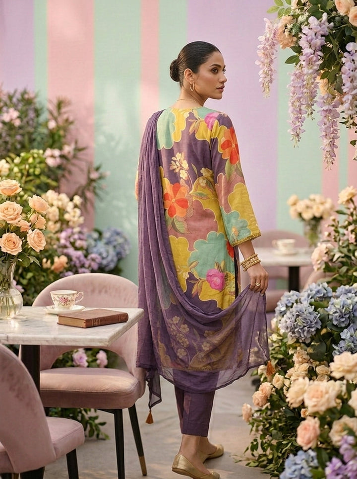 Neerus Green muslin embellished floral suit set - detail view 2