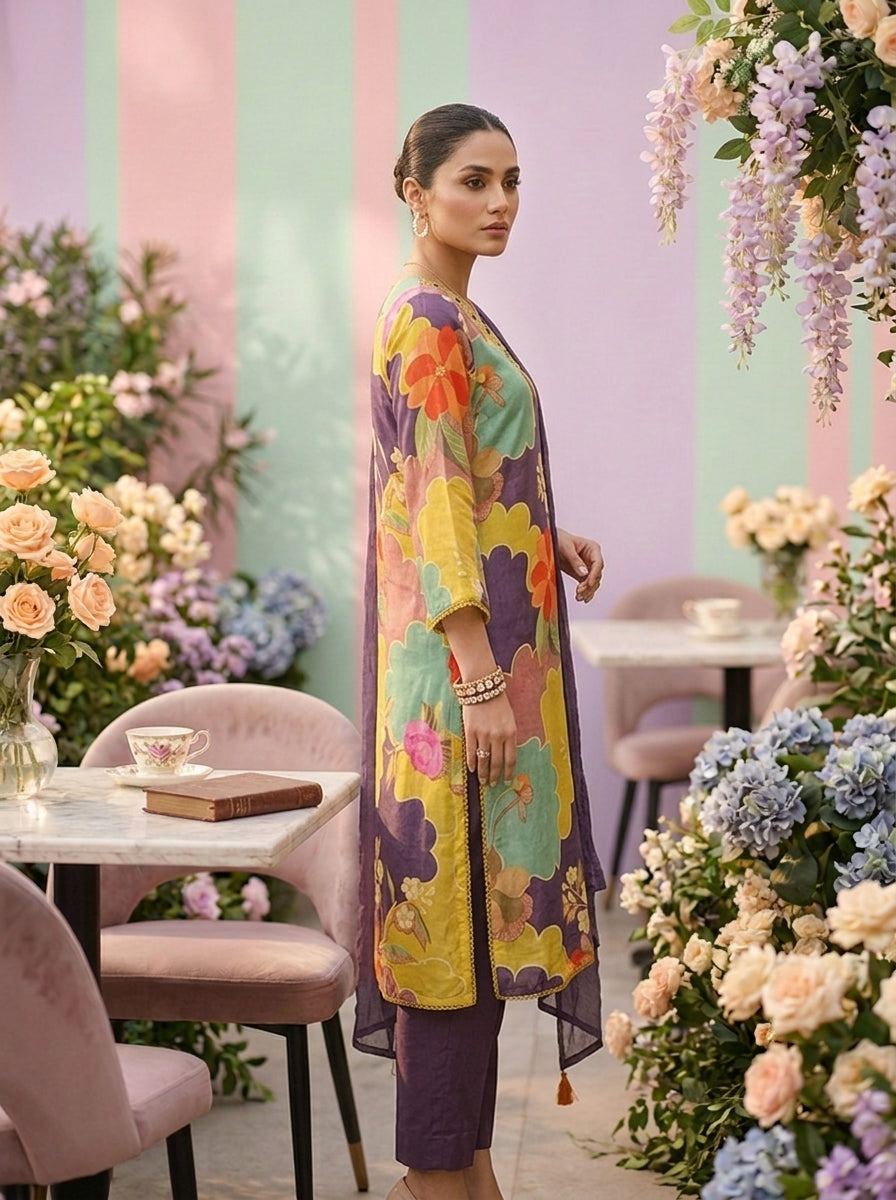 Neerus Green muslin embellished floral suit set - back view