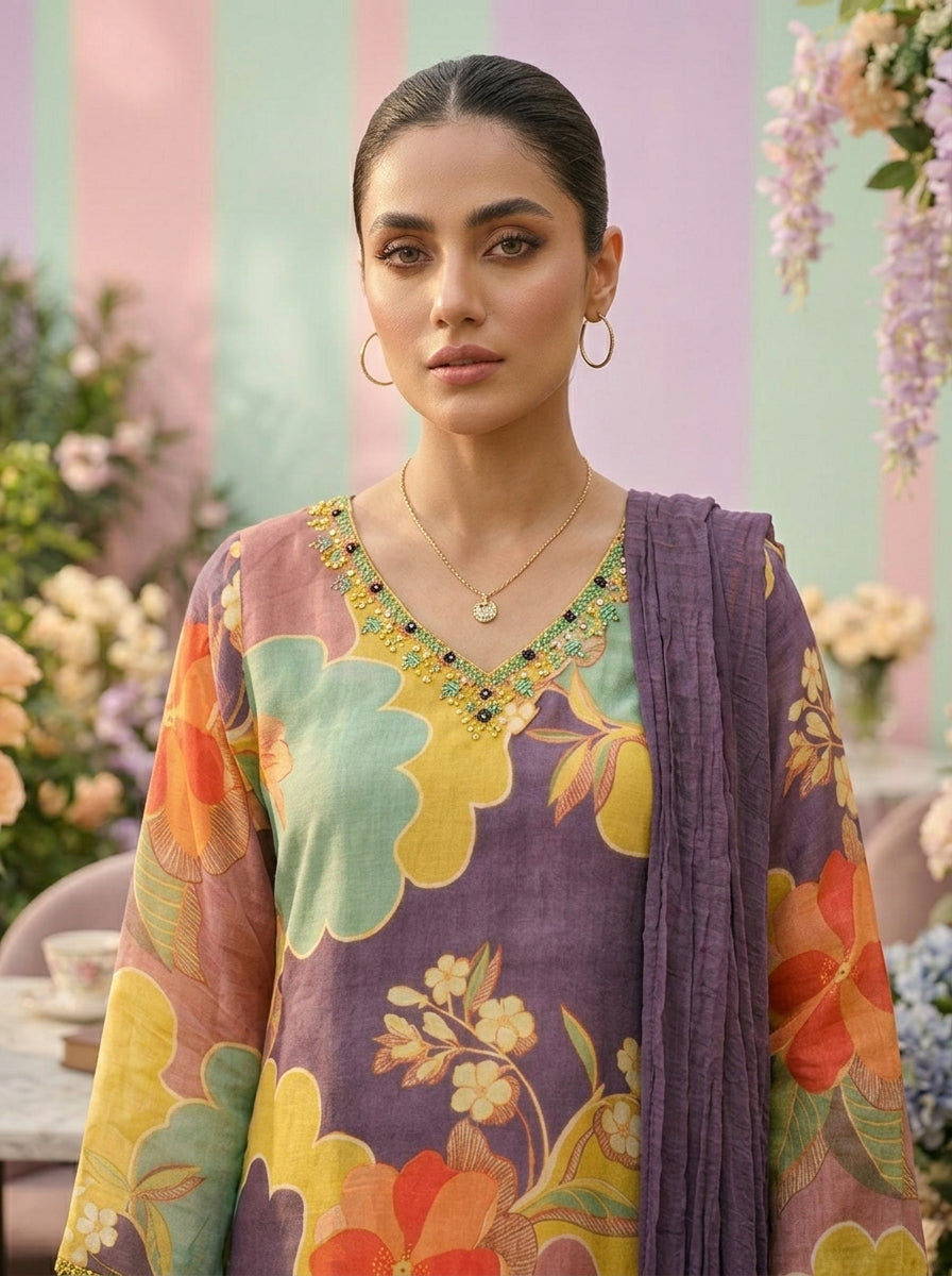 Neerus Green muslin embellished floral suit set - detail view 1