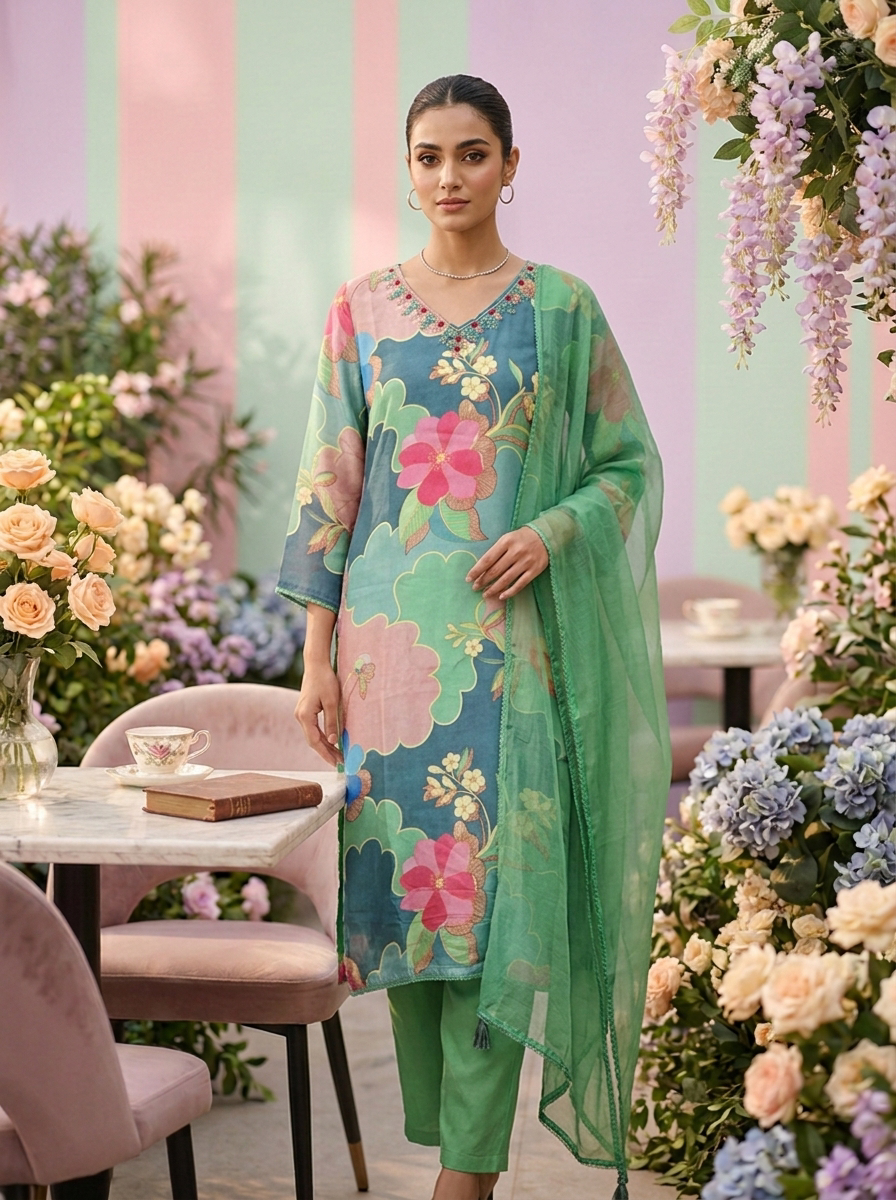 Neerus Green muslin embellished suit set - front view