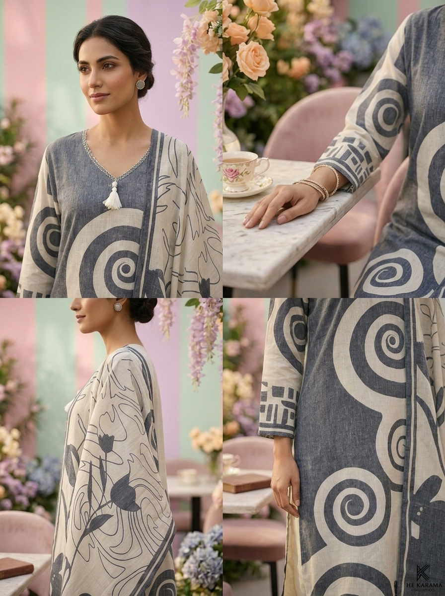 Neerus Grey linen printed suit set - detail view 1
