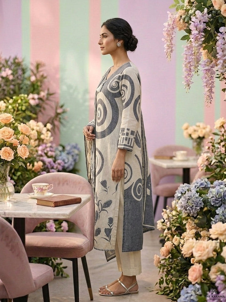 Neerus Grey linen printed suit set - back view