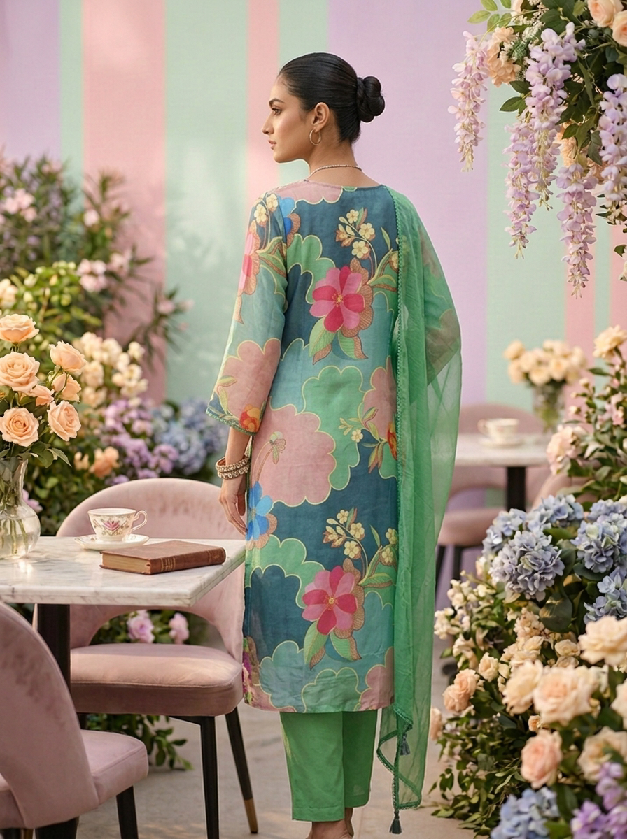 Neerus Green muslin embellished suit set - back view