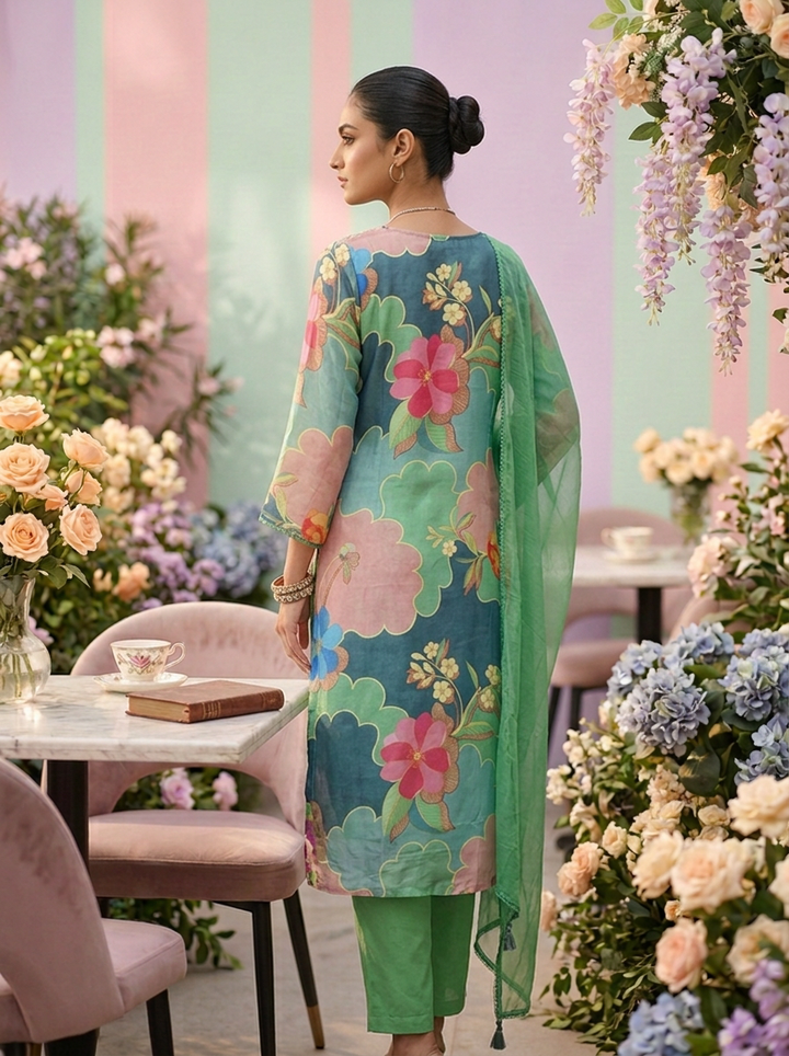Neerus Green muslin embellished suit set - back view