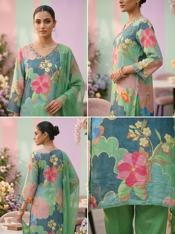 Neerus Green muslin embellished suit set - side view
