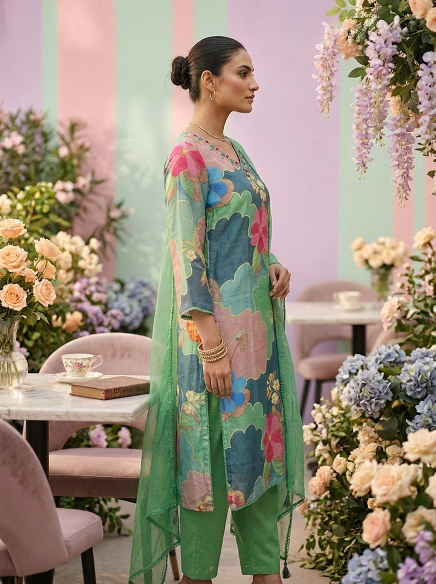 Neerus Green muslin embellished suit set - detail view 1