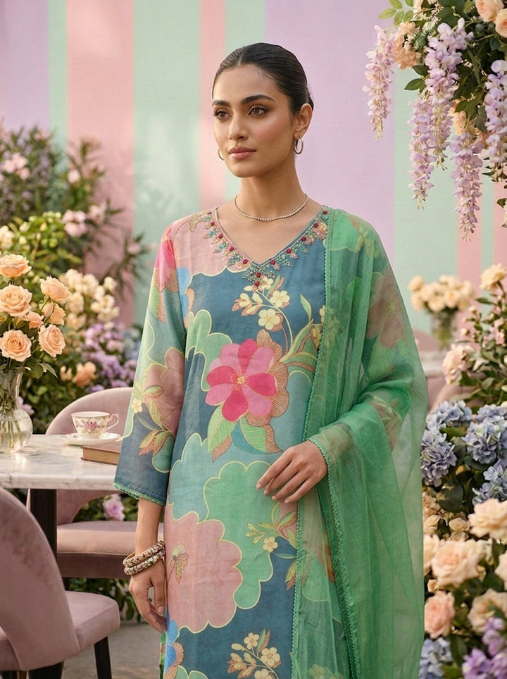 Neerus Green muslin embellished suit set - detail view 2