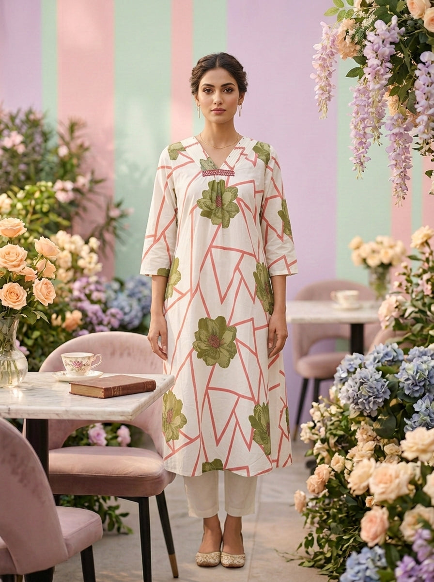 Neerus Green cotton printed co-ord set - front view