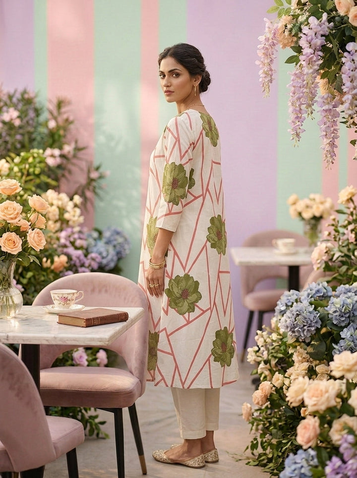 Neerus Green cotton printed co-ord set - back view