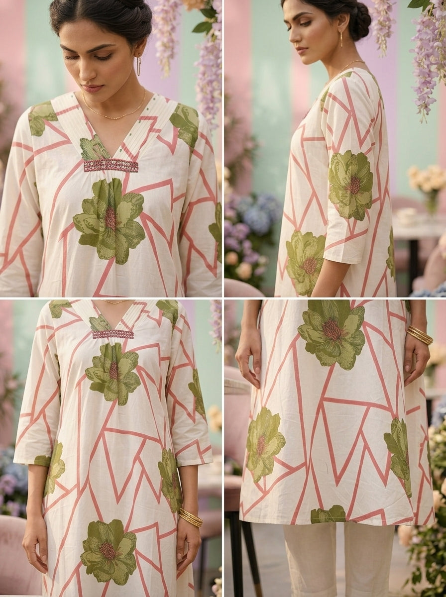 Neerus Green cotton printed co-ord set - side view