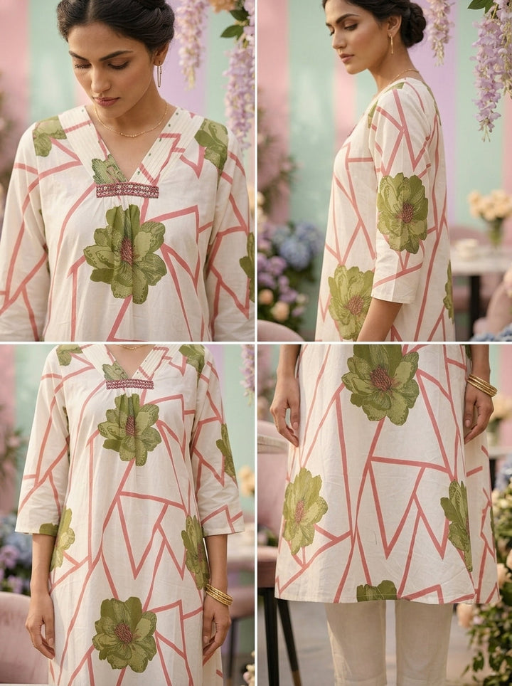 Neerus Green cotton printed co-ord set - side view