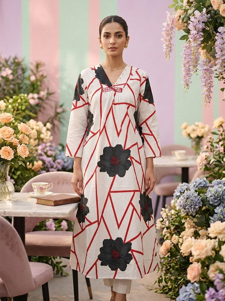 Neerus Grey cotton printed suit set - front view