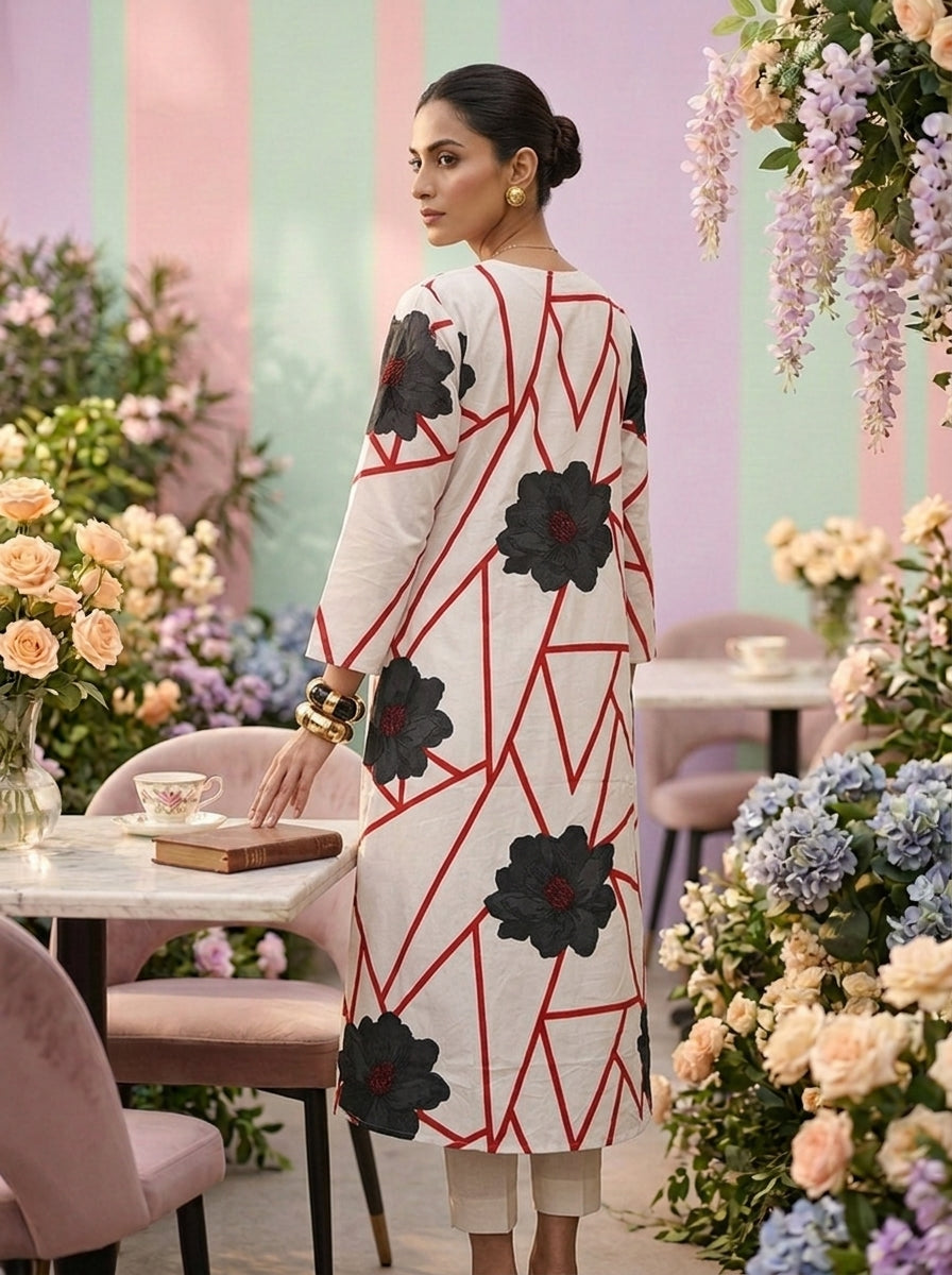 Neerus Grey cotton printed suit set - back view