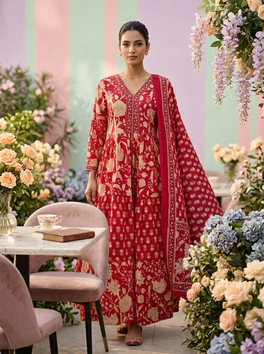 Neerus Pink cotton printed suit set - front view