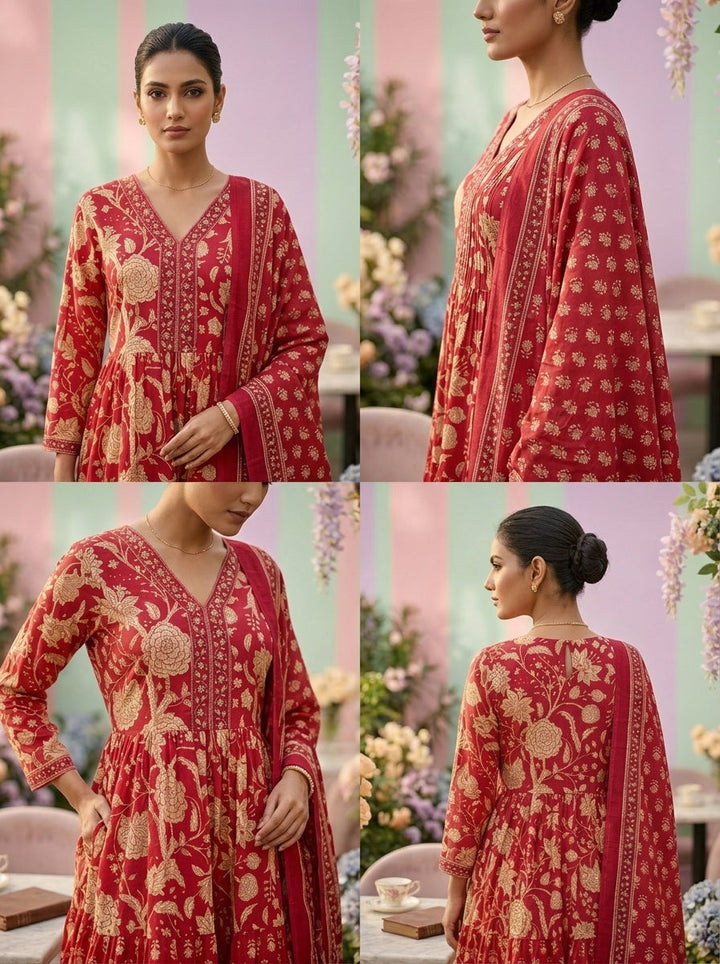 Neerus Pink cotton printed suit set - back view
