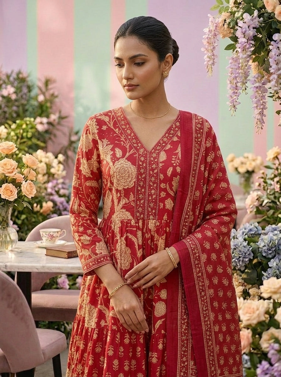 Neerus Pink cotton printed suit set - detail view 1