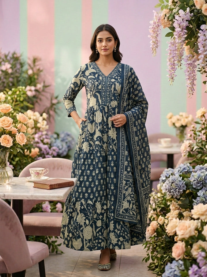 Neerus Green cotton printed suit set - front view