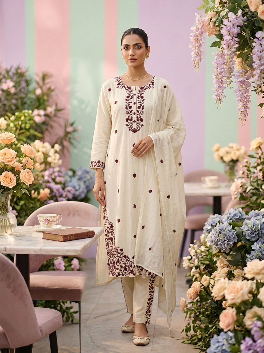 Neerus White Thread Embroidered Floral Suit Set - front view